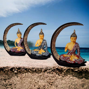 Tranquil Buddha Sitting on Moon Idol Blue Set of 3 - Spiritual Elegance for Your Home