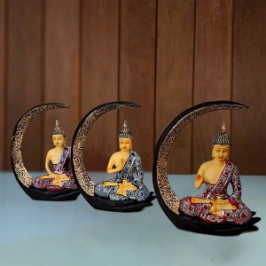 Tranquil Buddha Sitting on Moon Idol Blue Set of 3 - Spiritual Elegance for Your Home